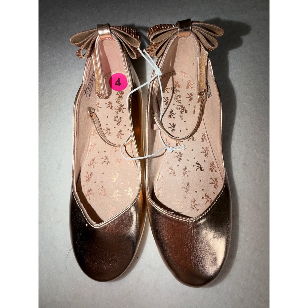 Lily & Dan Rose Gold Metallic Rhinestone Bow Dress Flats Girls Size 4 Kids